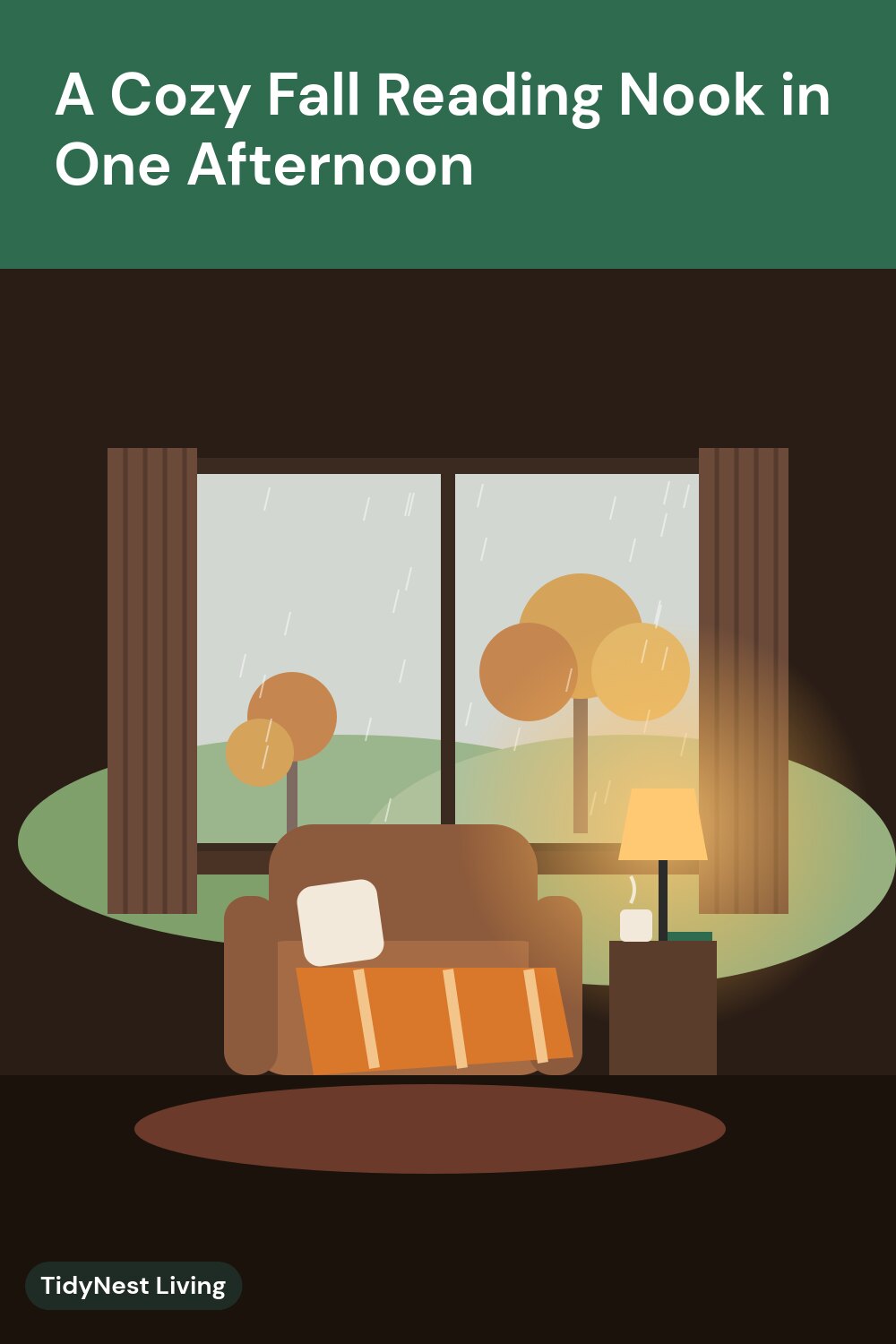 Illustration of a cozy reading nook with an armchair, blanket, warm lamp and a rainy autumn window