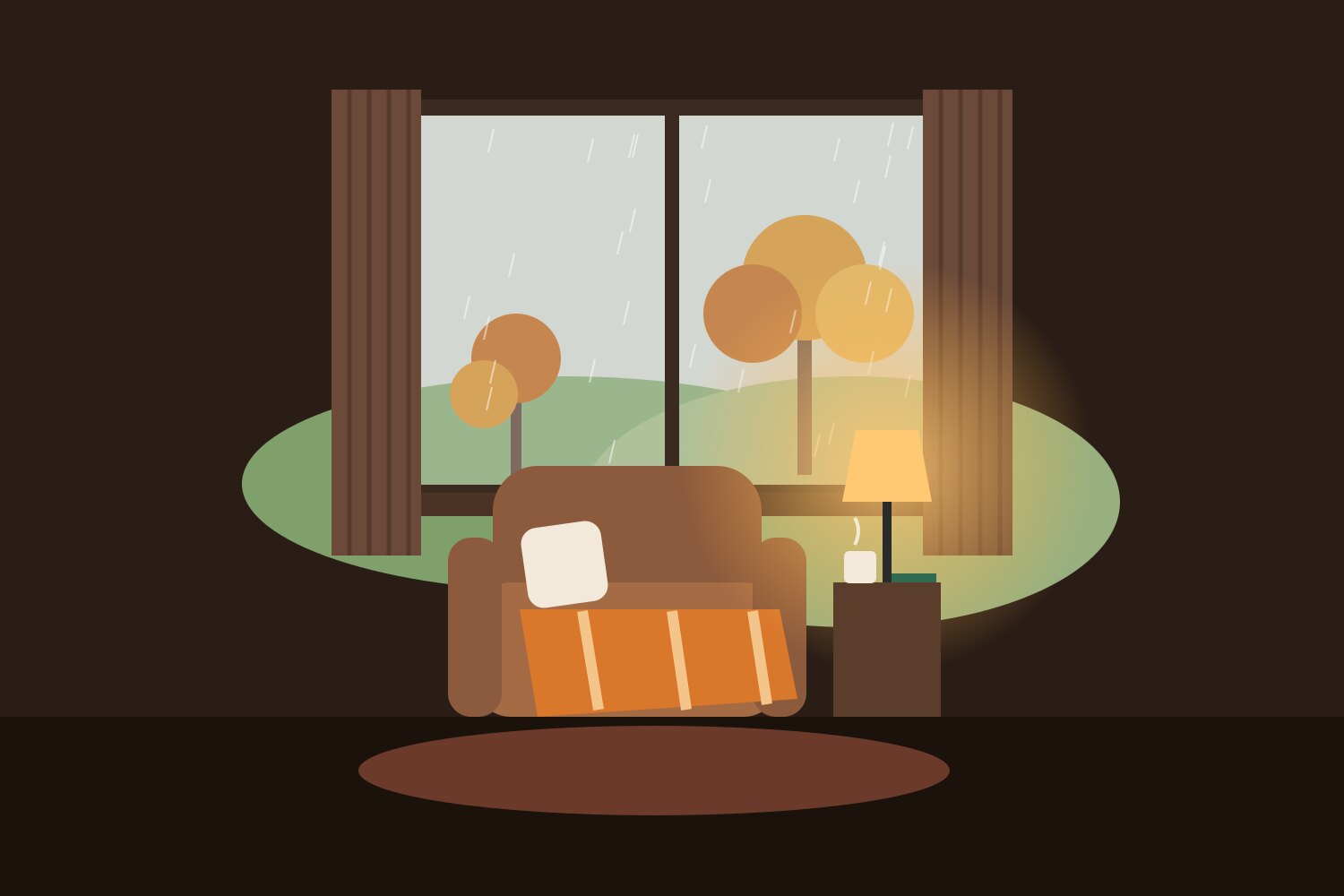 Illustration of a cozy reading nook with an armchair, blanket, warm lamp and a rainy autumn window