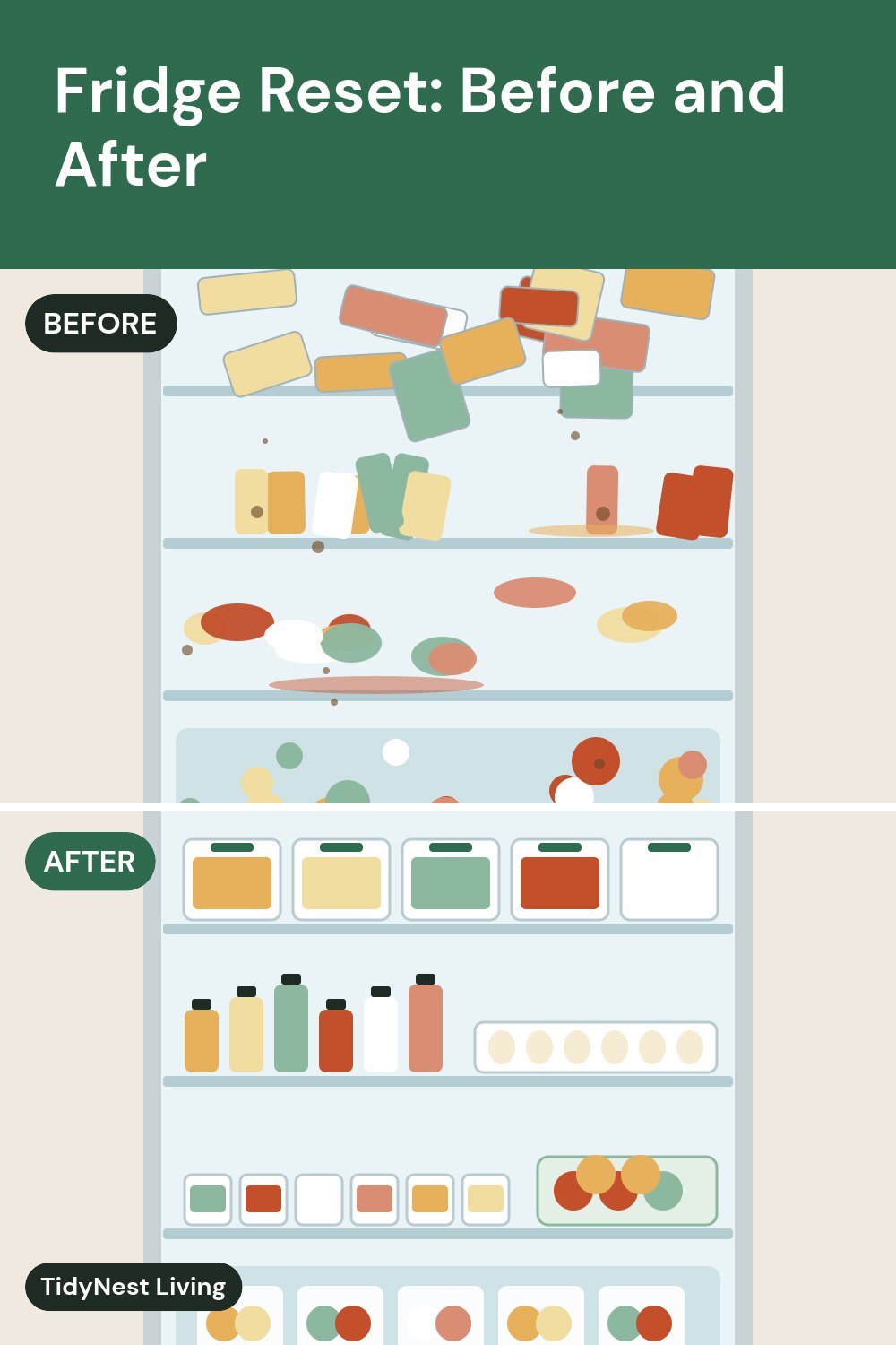 Illustration of a cluttered refrigerator before cleaning and a neatly organized refrigerator after