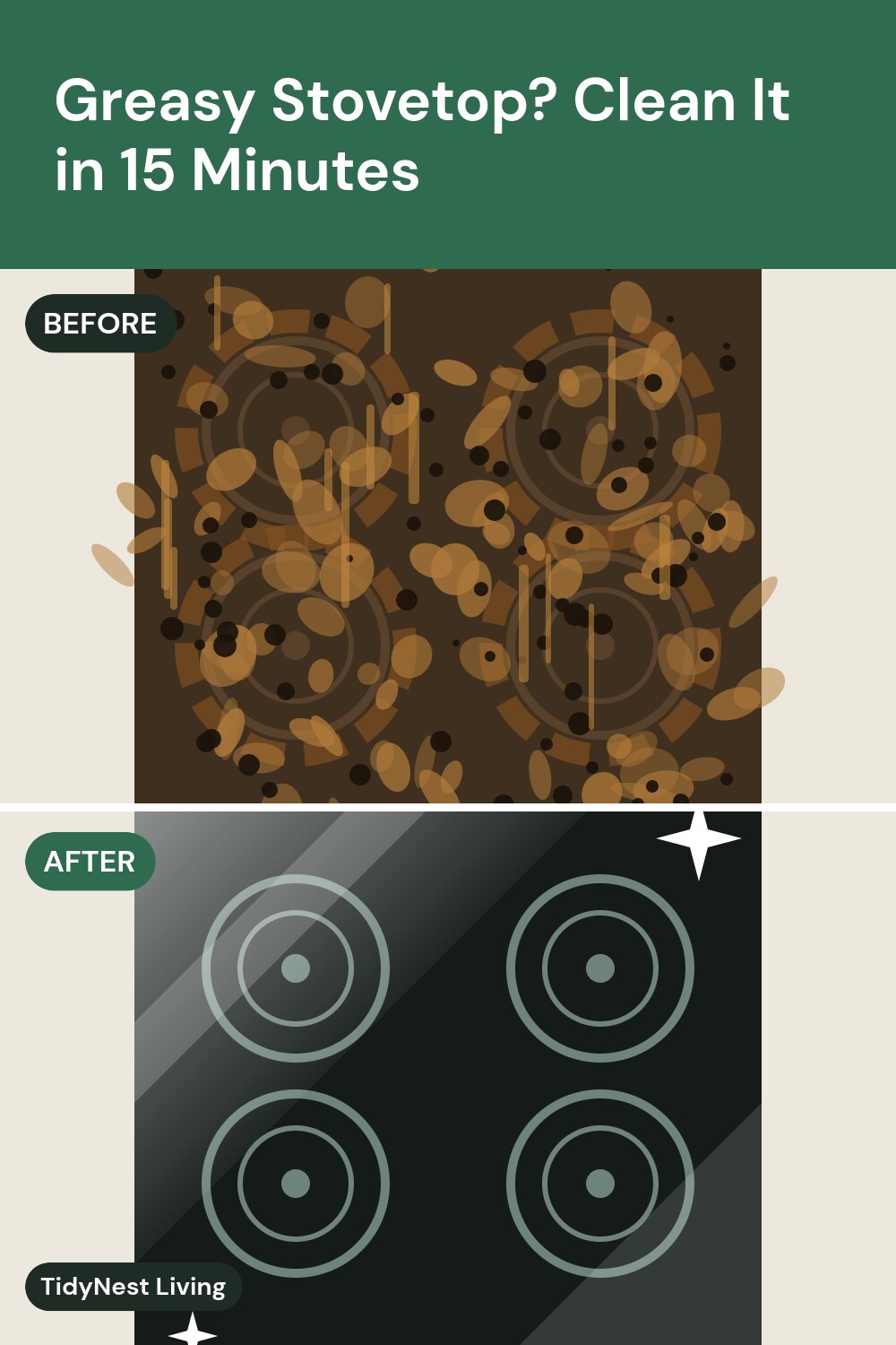 Illustration of a greasy stovetop before cleaning and a shiny clean stovetop after