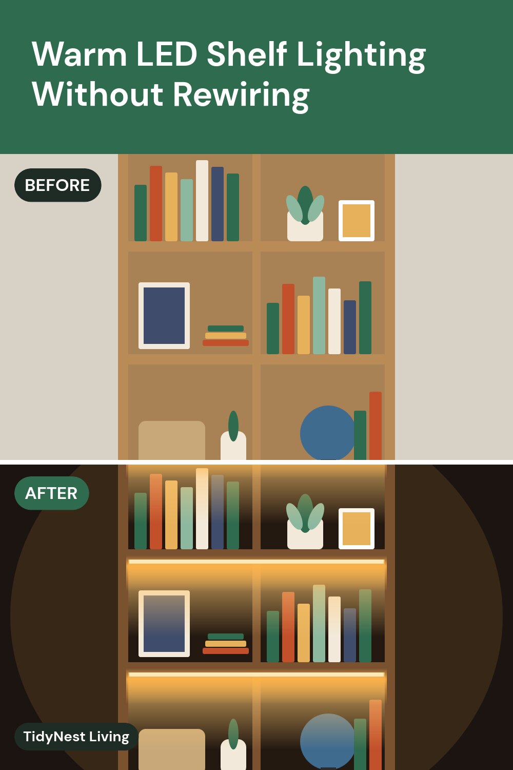 Illustration of a plain corner bookshelf before and the same shelf glowing with warm LED strip lighting after
