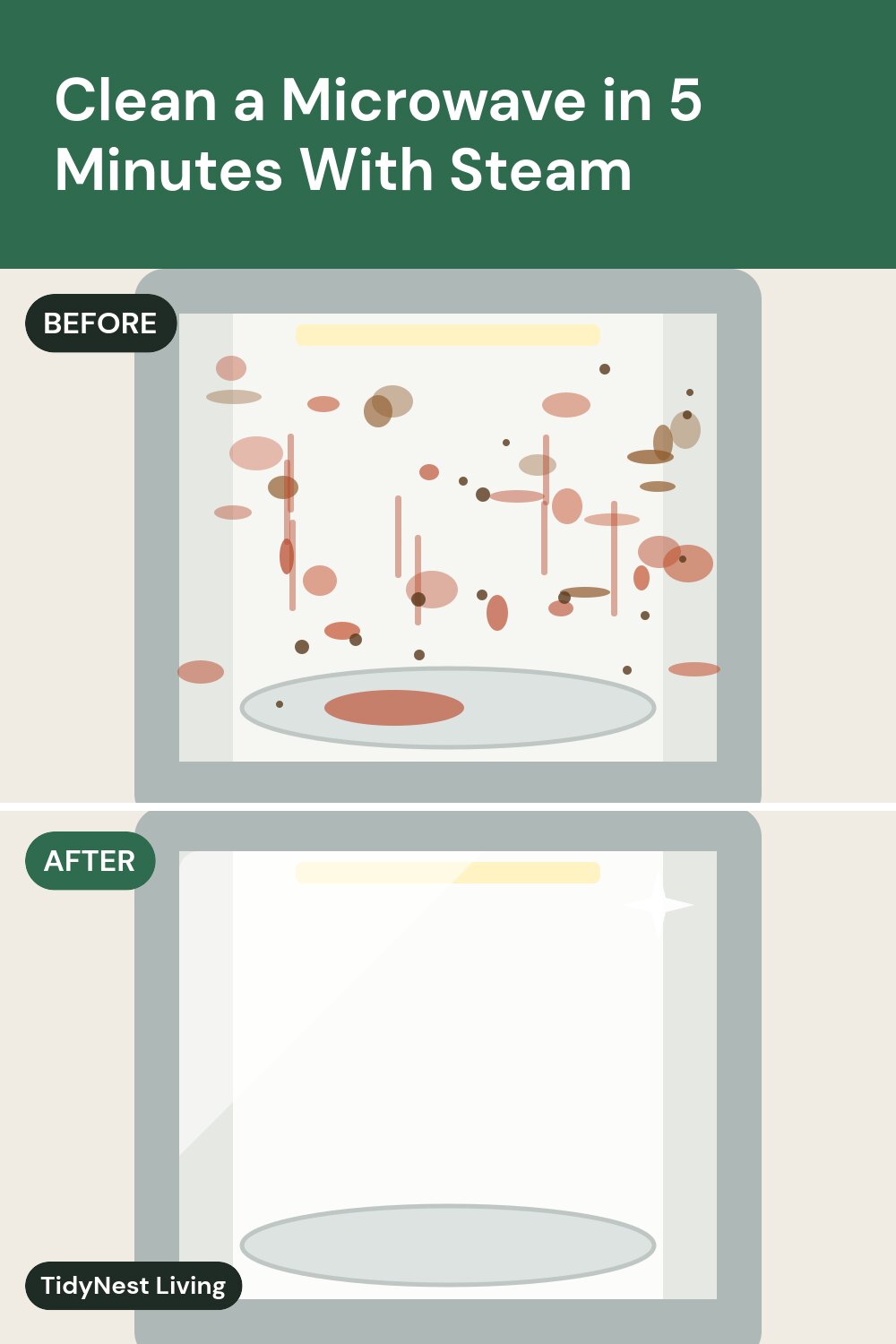 Illustration of a splattered microwave interior before cleaning and a spotless interior after