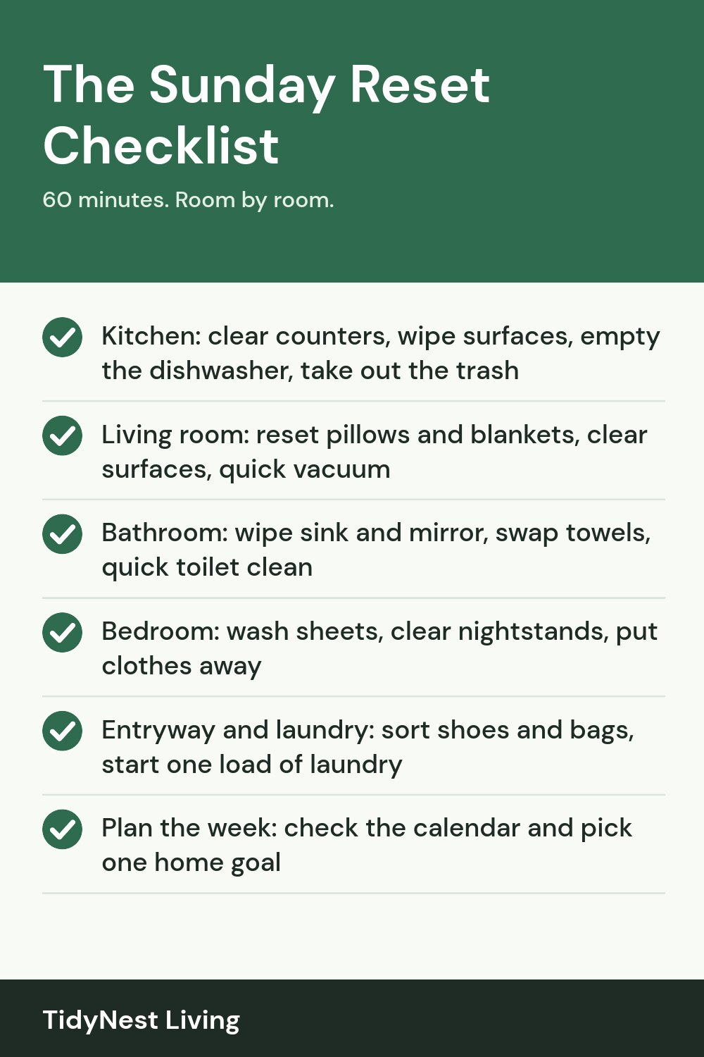 Illustrated checklist pin: Sunday reset checklist by room