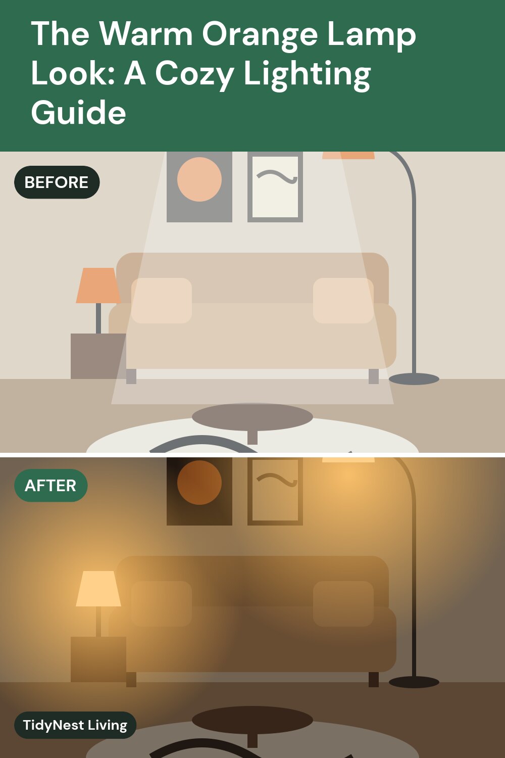 Illustration of a living room under harsh cool overhead light before and with warm layered lamp lighting after